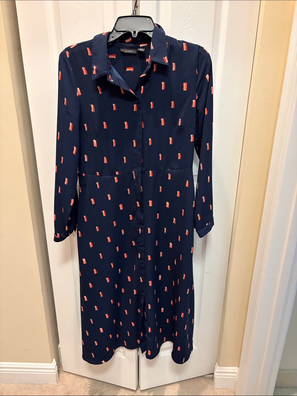 Halogen Navy Midi Shirt Dress with Coral Dot Motif